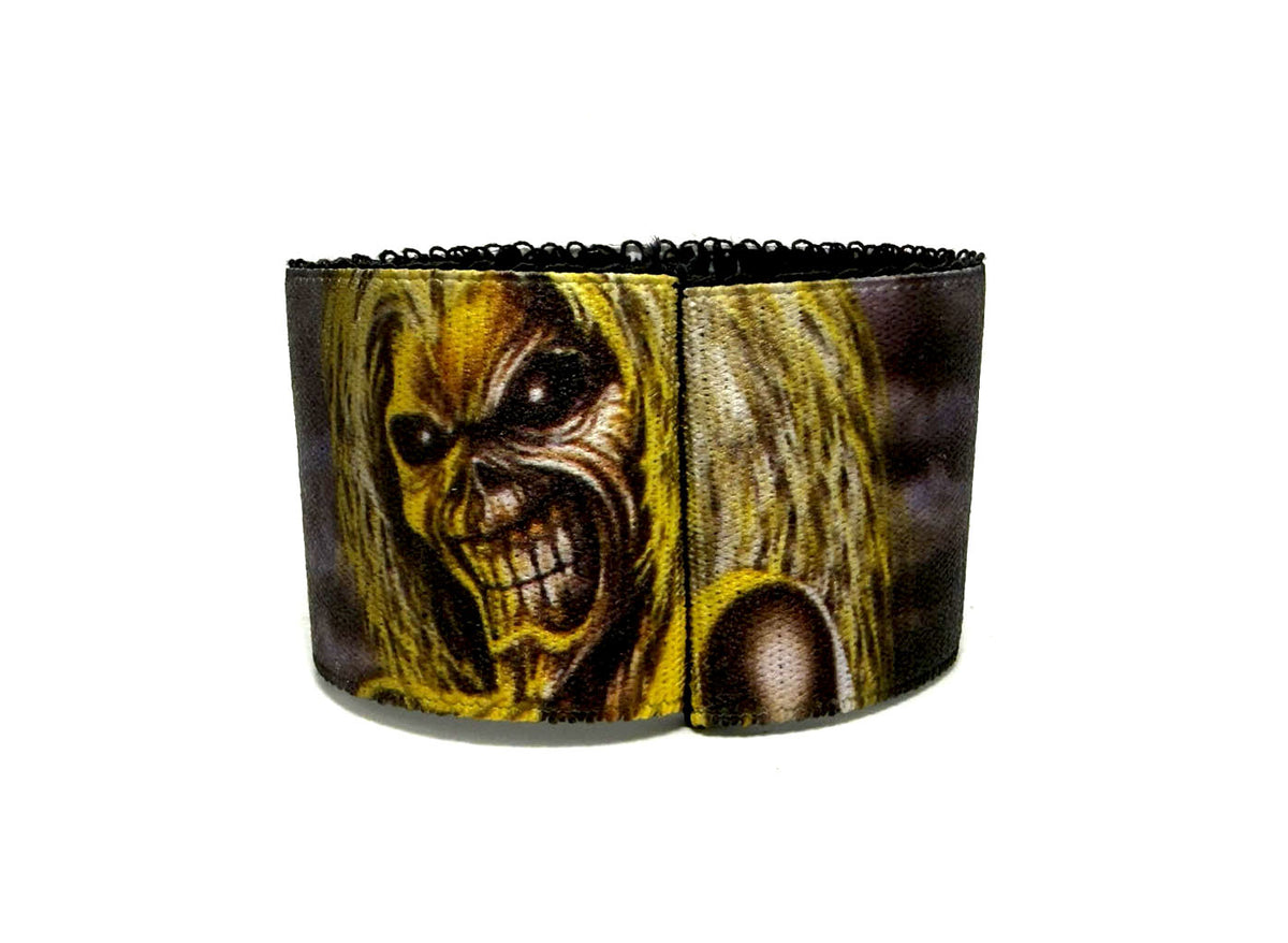 Iron Maiden Eddie The Head Polsiera Polsino Bracciale Rock Elastico Tessuto con stampa logo